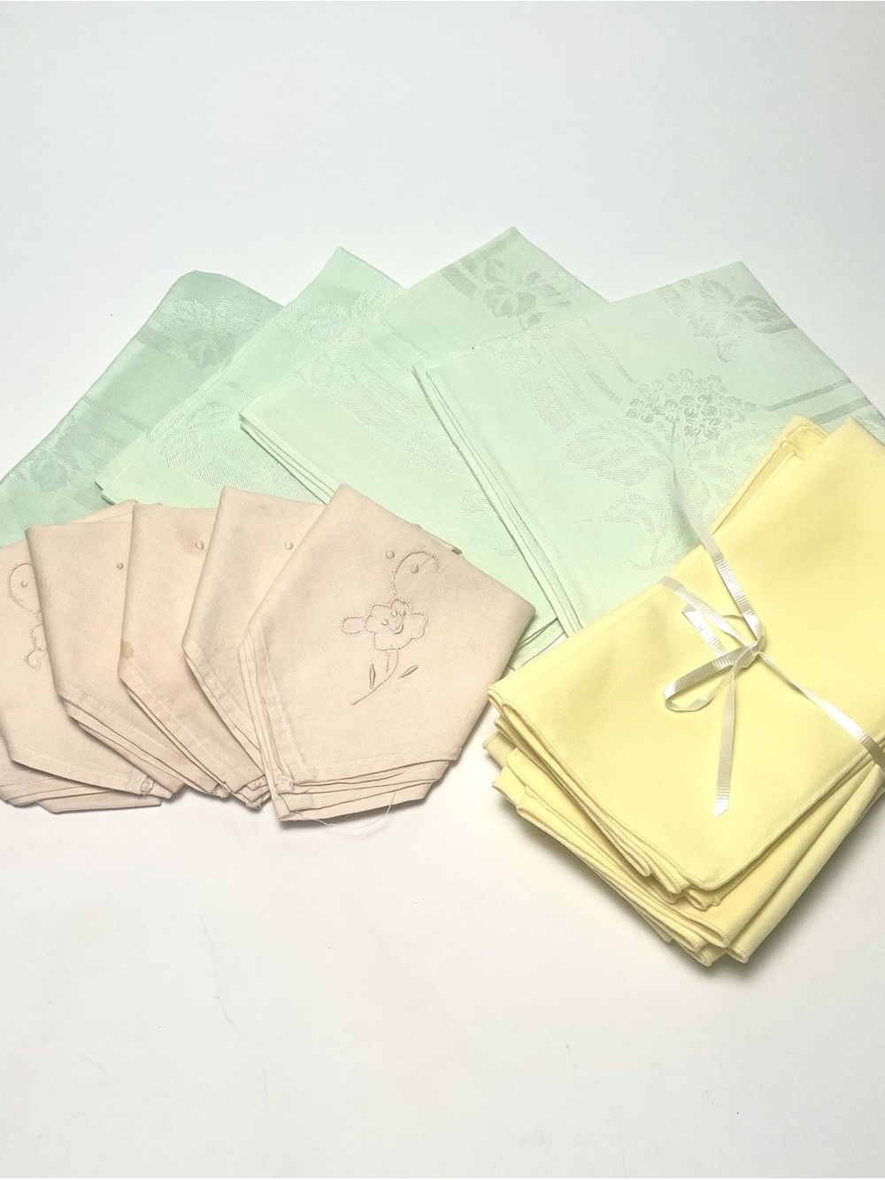 Vintage Fabric Napkins Lot Damask Green Embroidered Cream Yellow Mid Century Set